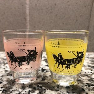 6 Vintage Shot Glasses with Horse Drawn Carriage, Pastels